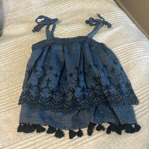 Crown and Ivy denim/chambray embroidered tie shoulder top